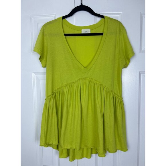 T.La Babydoll Tunic Tee Top V Neck Flowy Women's S Chartreuse Green Short Sleeve - Picture 2 of 6